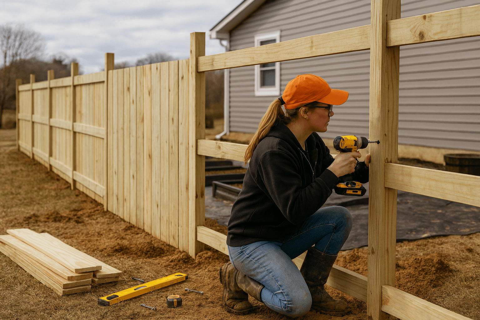 Professional fence installer working on fence construction